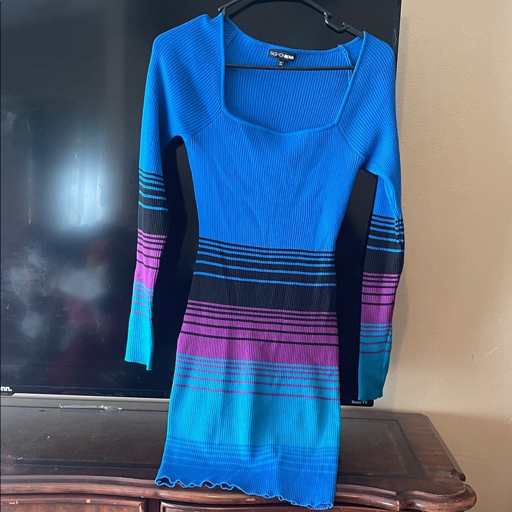 Fashion Nova Vibrant Blue and Purple Long Sleeve Dress